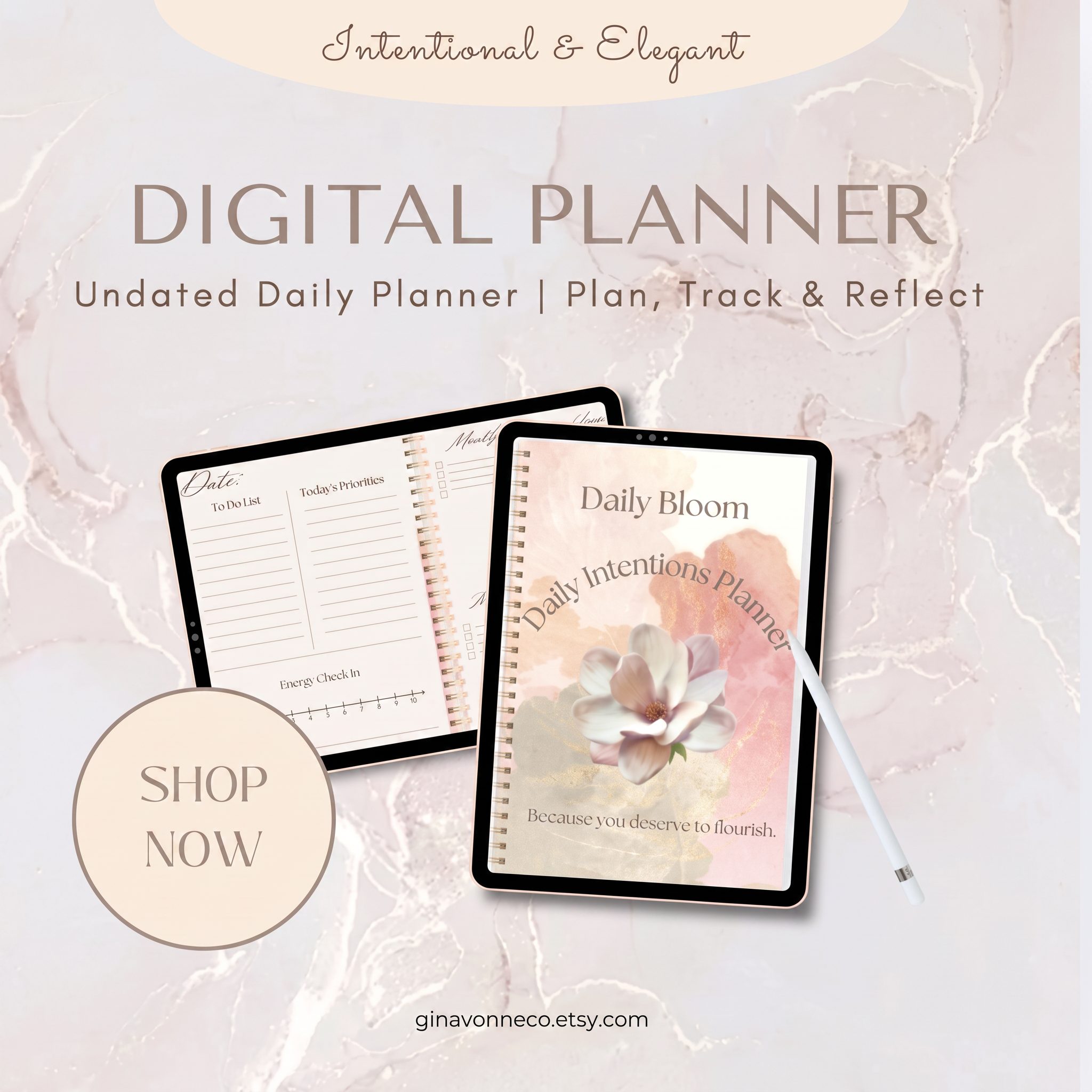 The Daily Bloom Daily Intentions Planner displayed on a tablet